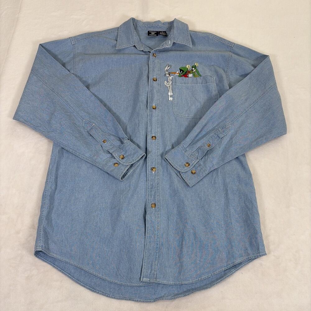 Vintage Looney Tunes Warner Bros Studio Store Denim Jean Shirt Medium Bugs Bunny